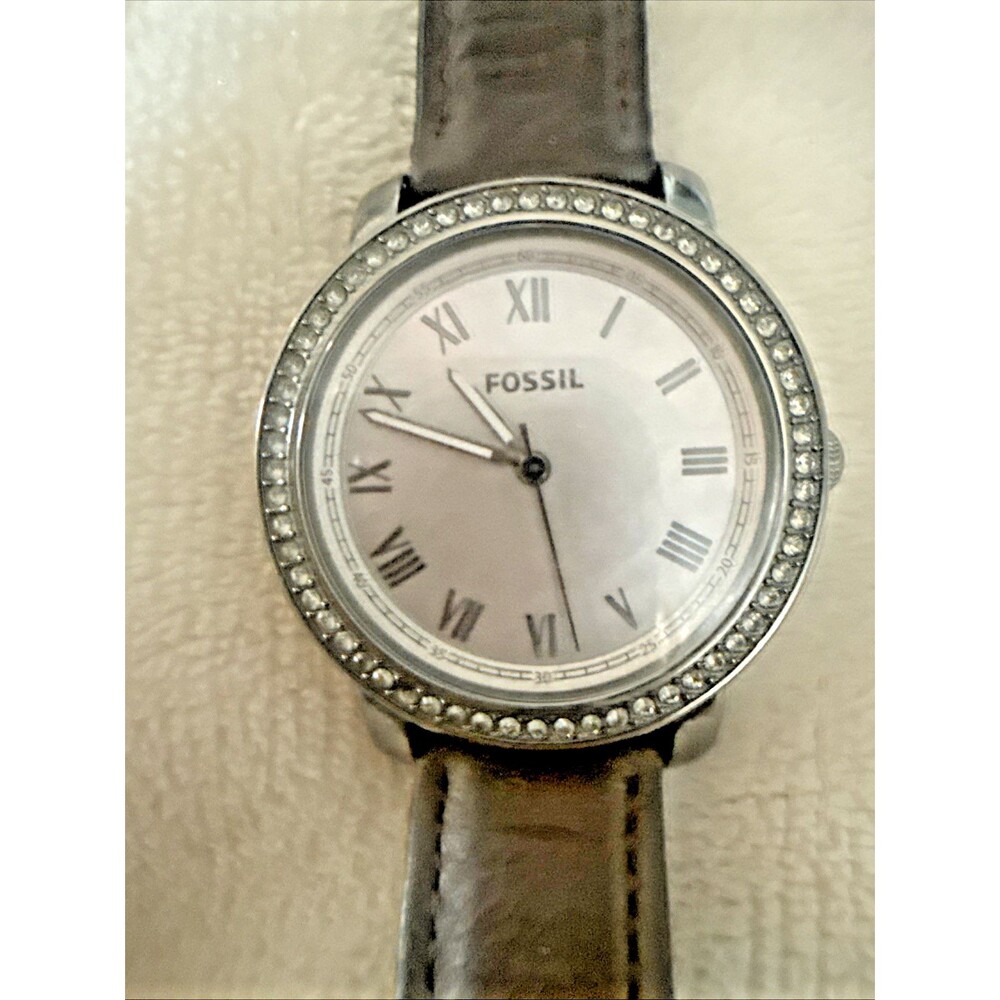 Fossil Emma Women's  Crystal Bezel Mother of Pearl Dial Brown Band  W/Box